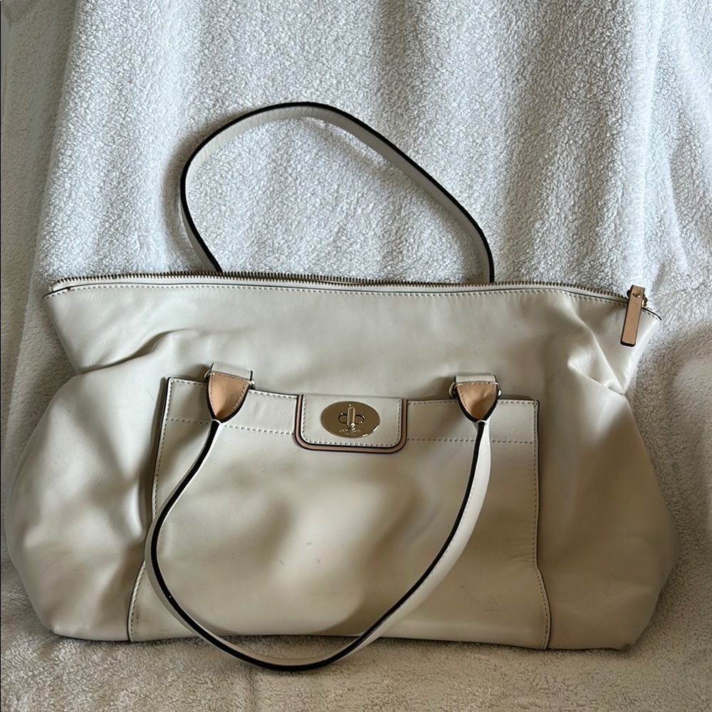 Kate Spade White Leather Tote Bag with Gold Accents
